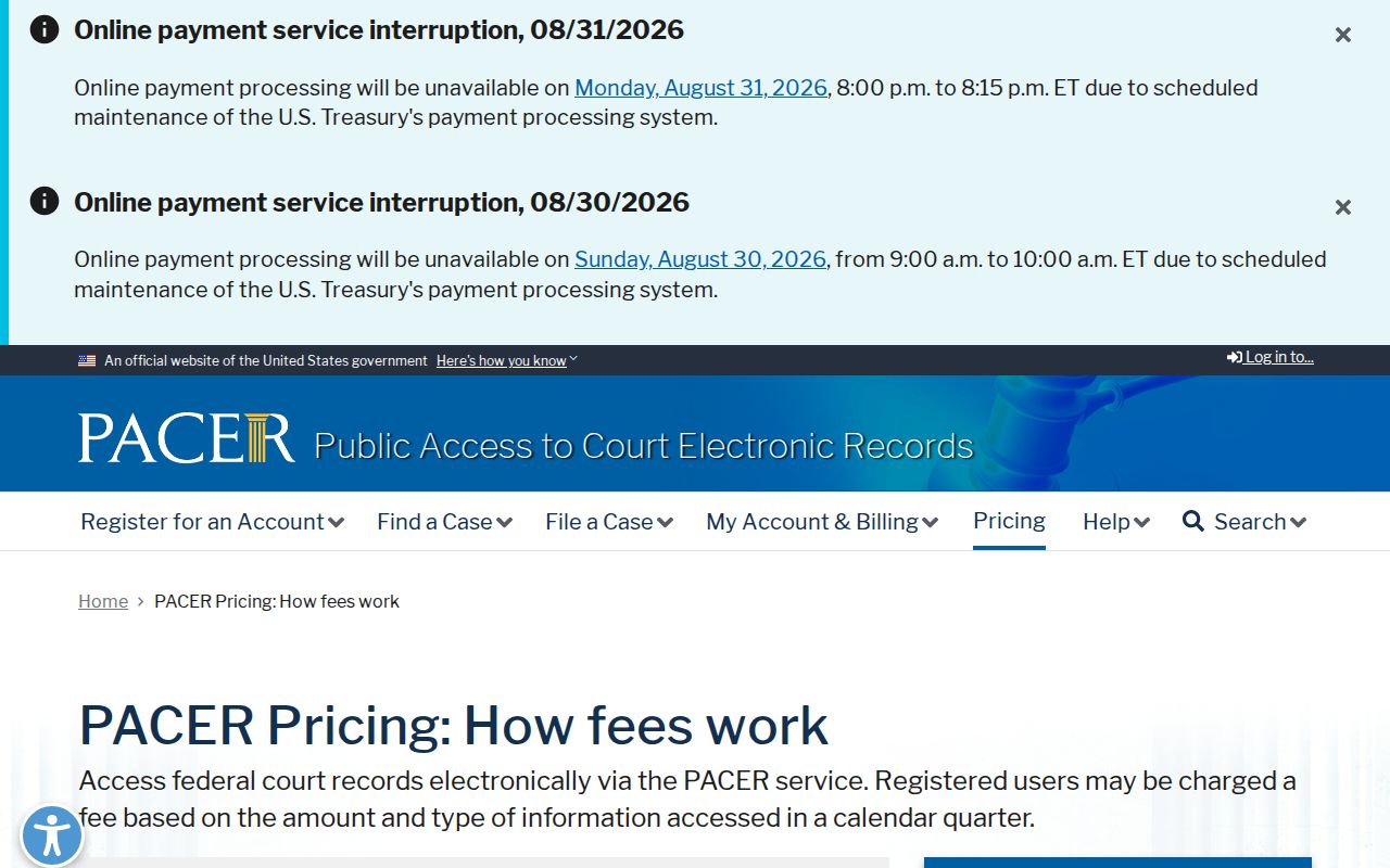 Arbela court records PACER pricing escalation source