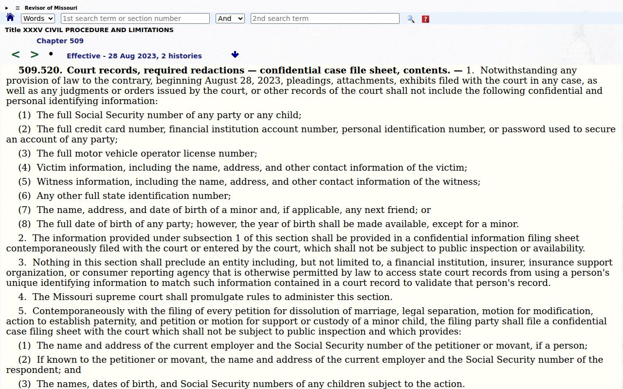 Scotland County civil court docket filing privacy under RSMo 509.520