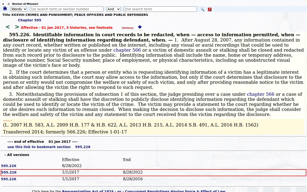 Scotland County criminal court docket victim information protection under RSMo 595.226