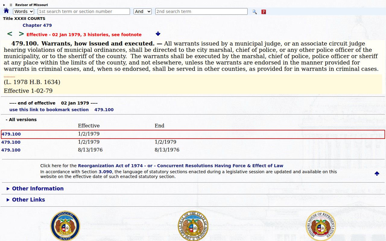 South Gorin court records municipal warrant statute source